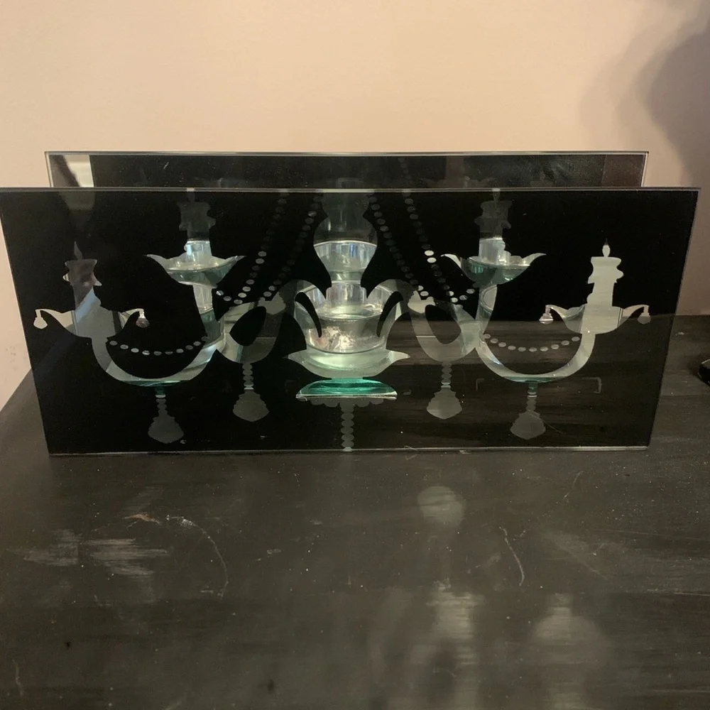Mirror Chandelier 3 Tea-light Candle Holder Display, Black & Silver Glass, EUC